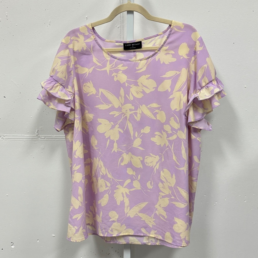 Lane Bryant Floral Ruffle Sleeve Blouse Purple Cream Plus Size 18 Short Sleeve